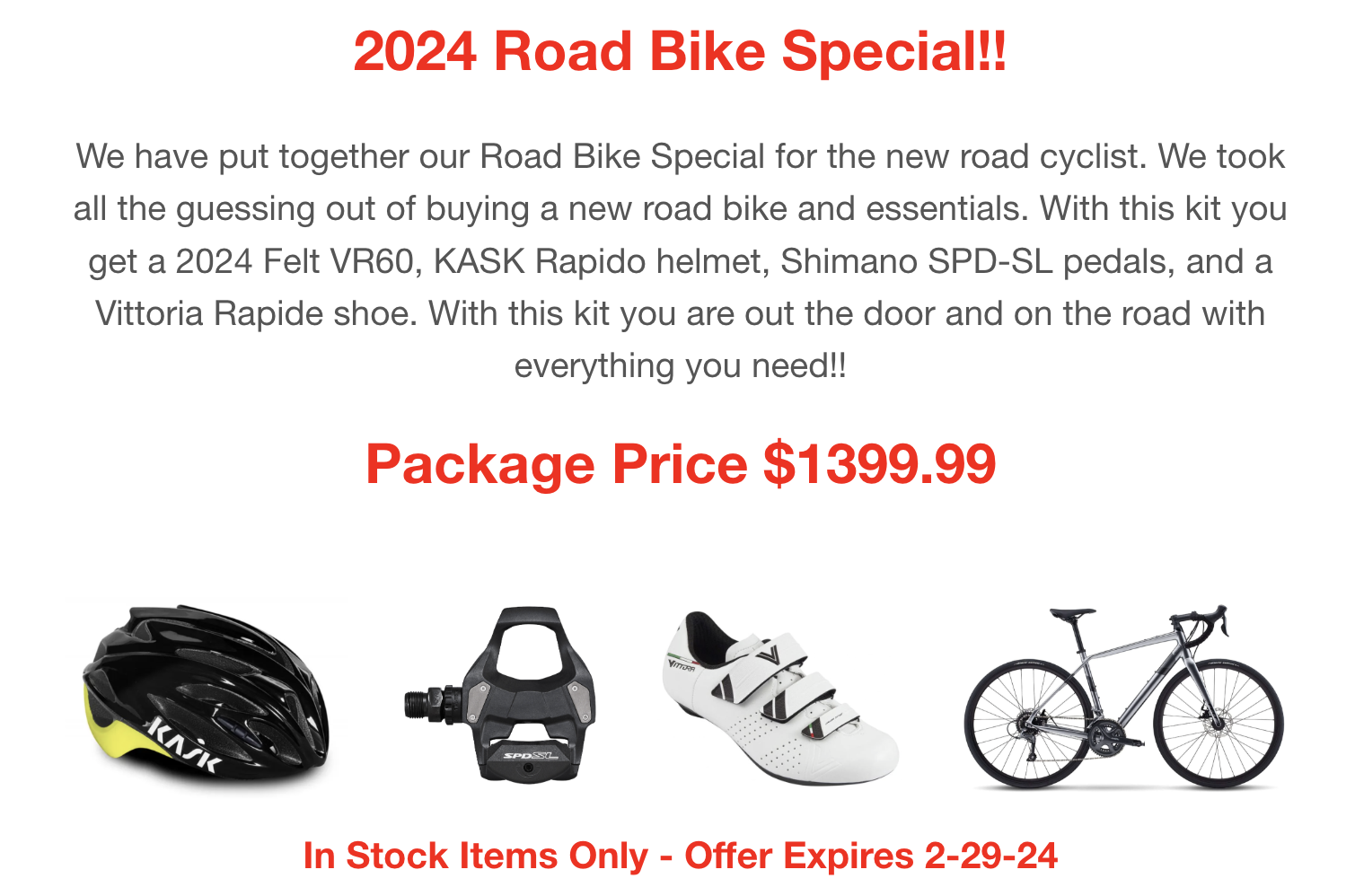 Flyer promoting a special on road bikes in San Diego featuring Colnago and Orbea models.